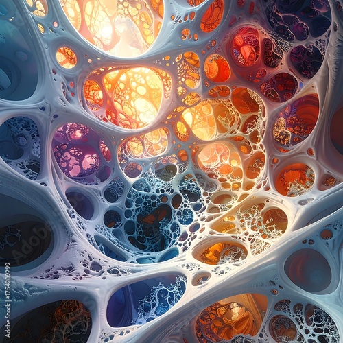 Abstract colorful cellular structure, vibrant gradient hues, organic patterns, and flowing shapes