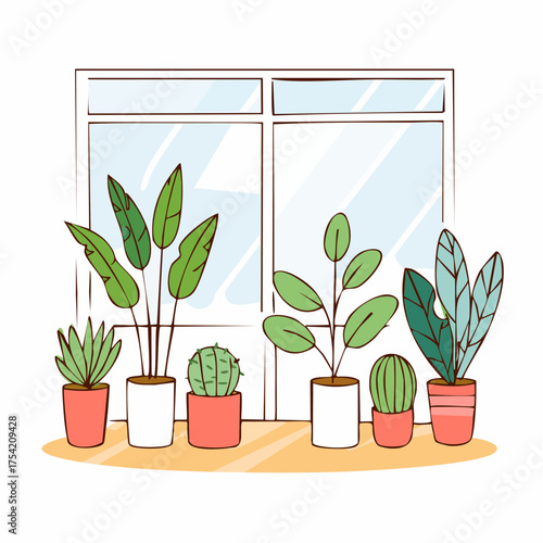 Assortment of potted plants displayed on a windowsill in the Garden room