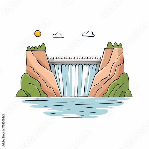 Large water reservoir and concrete dam in a canyon under a sunny sky