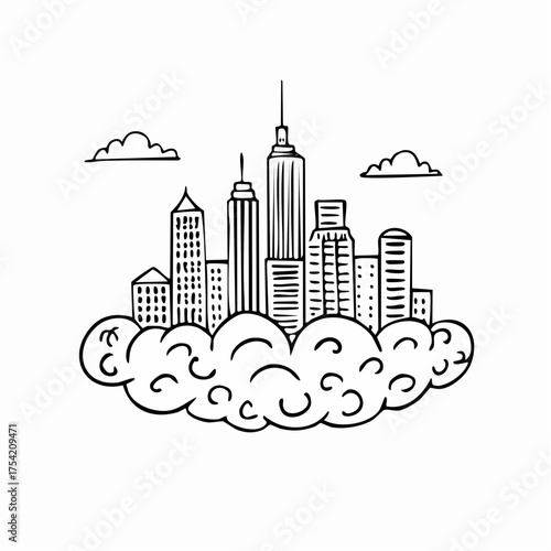 Cityscape drawing of tall buildings floating on a cloud formation