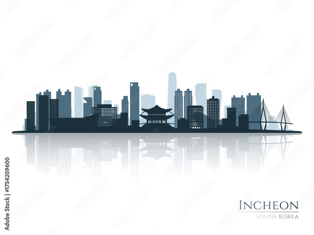 Naklejka premium Incheon skyline silhouette with reflection. Landscape Incheon, South Korea. Vector illustration.
