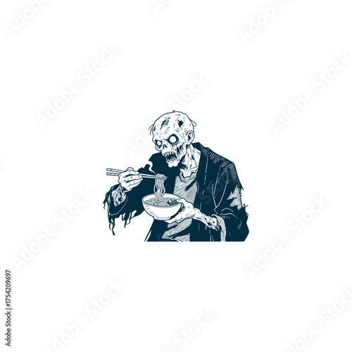 A humorous and quirky vintage engraving illustration of a zombie wearing a kimono, eating ramen noodles with chopsticks.