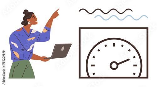Woman pointing while holding laptop, addressing performance dashboard with wave patterns and gauge indicator. Ideal for analysis, performance, productivity, monitoring, research, evaluation