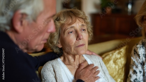 Elderly Caucasian woman in tranquil reflection, surrounded by comforting companions, embodying serene embrace during National Caregivers Month