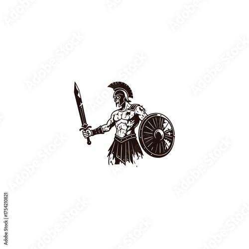Vintage engraving illustration of a powerful warrior, likely a Spartan or Roman gladiator, wearing a crested helmet and holding a sword and shield in a ready stance