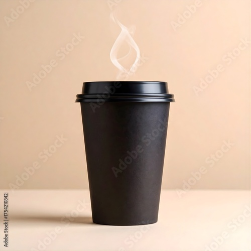 Steaming Hot Black Coffee Takeaway Cup with Lid on a Light Beige Table and Neutral Background with Copy Space