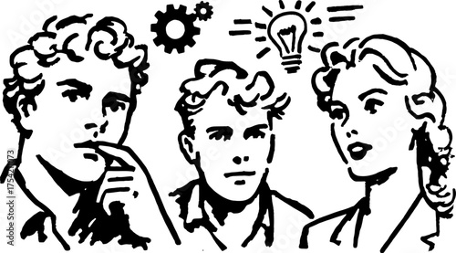 Three people in deep thought with gears and a light bulb represented above. Black and white vector illustration capturing creativity and expression.