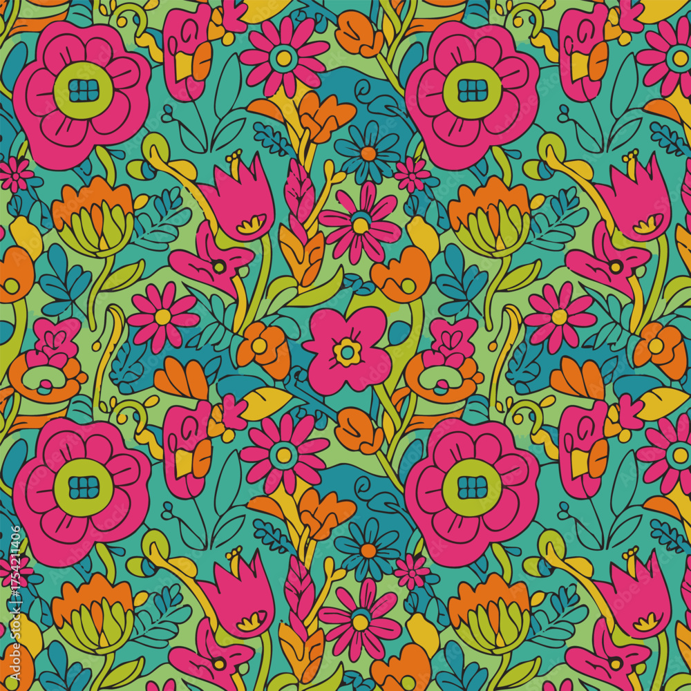 Fototapeta premium Vibrant Floral Pattern Psychedelic Blooms in Pink and Green