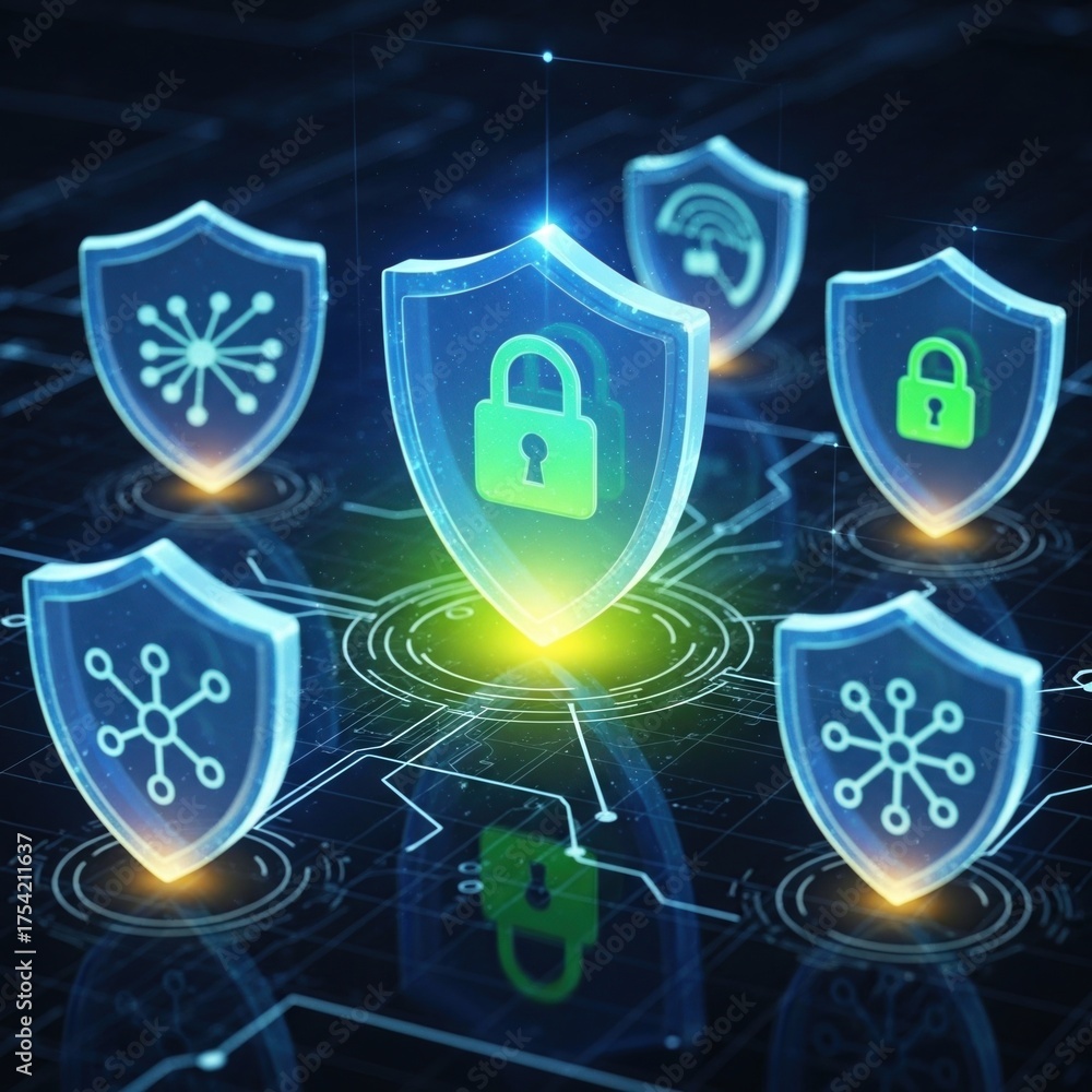 Fototapeta premium Security and privacy shield icons glowing in holographic D style, padlock and network lines, dark tech background