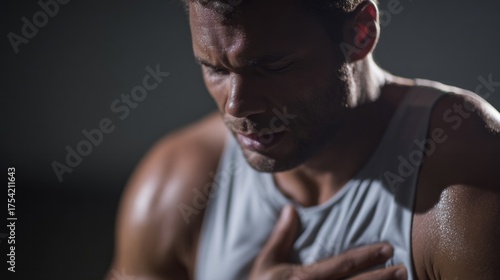 Sweat-drenched Caucasian man clutches chest, steely resolve flickering under dim gym lights, World Heart Day, endurance challenge