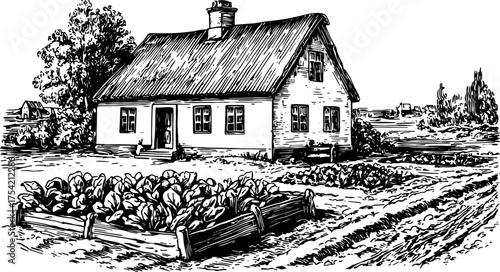 Vintage house in a black and white outline vector illustration. Detailed engraving of a garden and rural setting adds charm to the composition.