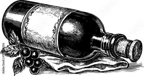 Vintage wine bottle with label and grapes in black and white outline. Vector illustration showcasing classic design elements.