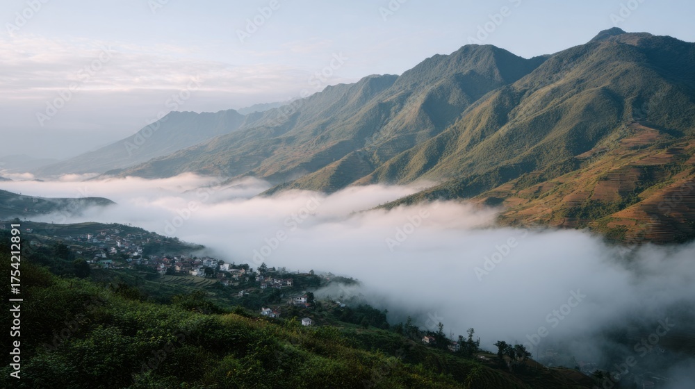 Obraz premium Mystical mist blankets the verdant valleys of Sapa at dawn, evoking whispers of Tet celebrations and nature's quiet lullabies