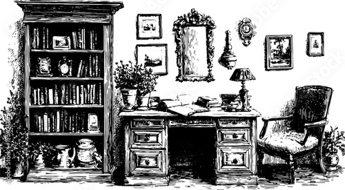 Antique engraving illustration of a furniture set featuring a desk, bookshelf, and chair. The design includes plants in a vintage style vector.
