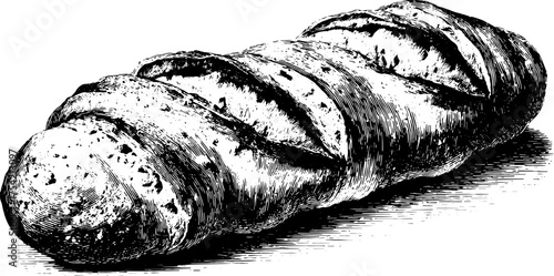 Bread engraving with a vintage design. The hand-drawn illustration features a rustic loaf, perfect for culinary vector sets.