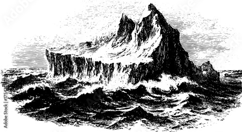 Antique engraving of a rugged island landscape. Black and white vector illustration depicting waves crashing around mountains in a scenic ocean view.