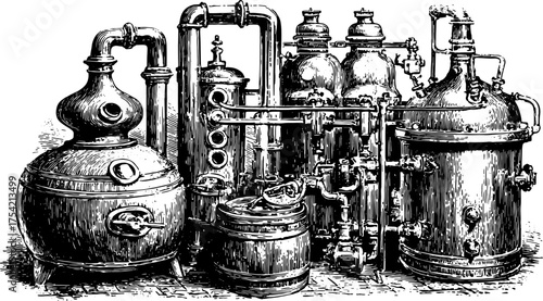 Antique engraving of distillation machinery. Detailed vector illustration featuring pipes, vessels, and a vintage design set.