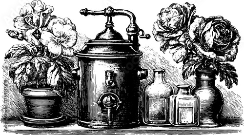 Antique engraving of a set featuring flowers and bottles. Detailed illustration showcasing a vintage style in a vector format.