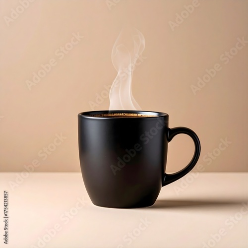 Classic Matte Black Ceramic Mug Filled with Steaming Hot Coffee or Tea on a Minimalist Beige and Cream Background for Cozy Morning and Beverage Concept