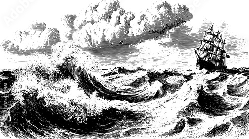 Vintage ship at sea with detailed waves and clouds. This black line drawing illustration captures a classic marine scene in vector.