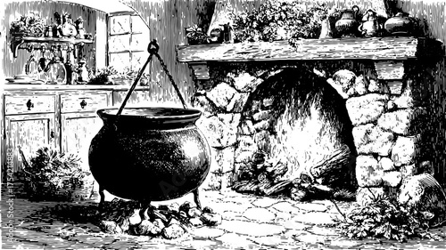 Vintage kitchen interior with a cauldron over a fireplace. Engraved vector illustration showing a traditional cooking set with shelves and pots.