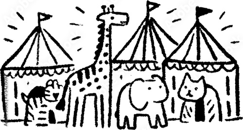 Cartoon animals including a giraffe, elephant, cat, and zebra in a circus setting. Simple black silhouette vector illustration.