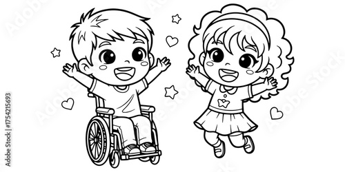 Chibi Happy Kids Holding Hands in Playground Coloring Page