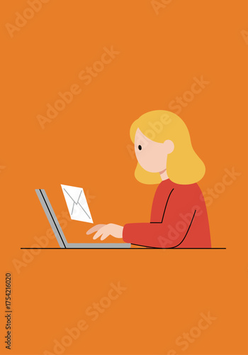Illustration of a woman with blonde hair sending an email on a laptop against an orange background.
