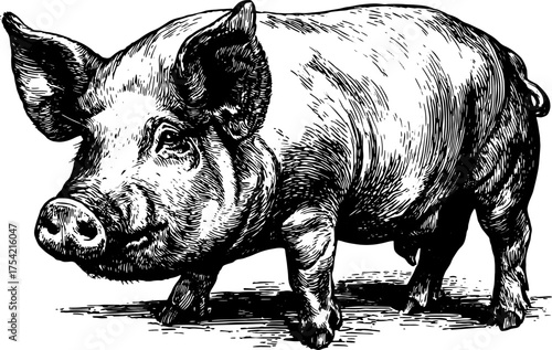 Pig illustration in vintage style. Detailed black and white animal vector set showcasing realistic features and textures.