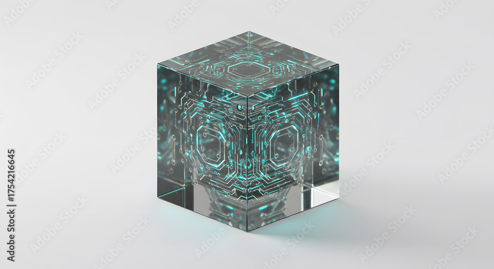 Obraz premium Transparent crystal cube with fine circuit patterns inside, futuristic, technology, data concept.