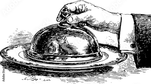 Antique engravings of a hand-drawn serving cloche on a platter. Detailed vintage vector illustration capturing elegant dining elements.