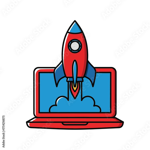Rocket Launching from Laptop Screen Startup, Innovation, Technology, Business Growth