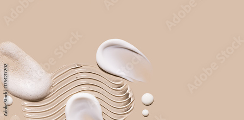 samples of cosmetic care products smear of cream gel texture on a beige background, moisturizing and skin care concept