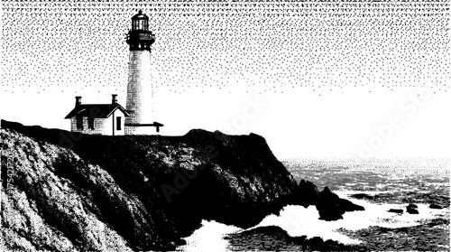 Lighthouse illustration in antique engraving style. Detailed black line drawing of a coastal landscape with waves, presented as a vector set.
