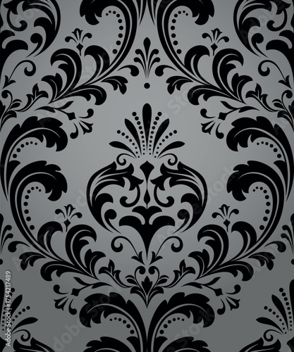 Wallpaper in the style of Baroque. Gray and black floral ornament. Seamless vector background. Graphic pattern for fabric, wallpaper, packaging. Ornate Damask flower illustration