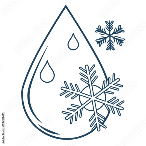 Frozen water drop with snowflakes, vector illustration