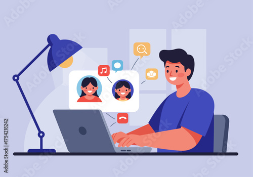 A smiling young man at a desk using a laptop for a group video conference call with two women.