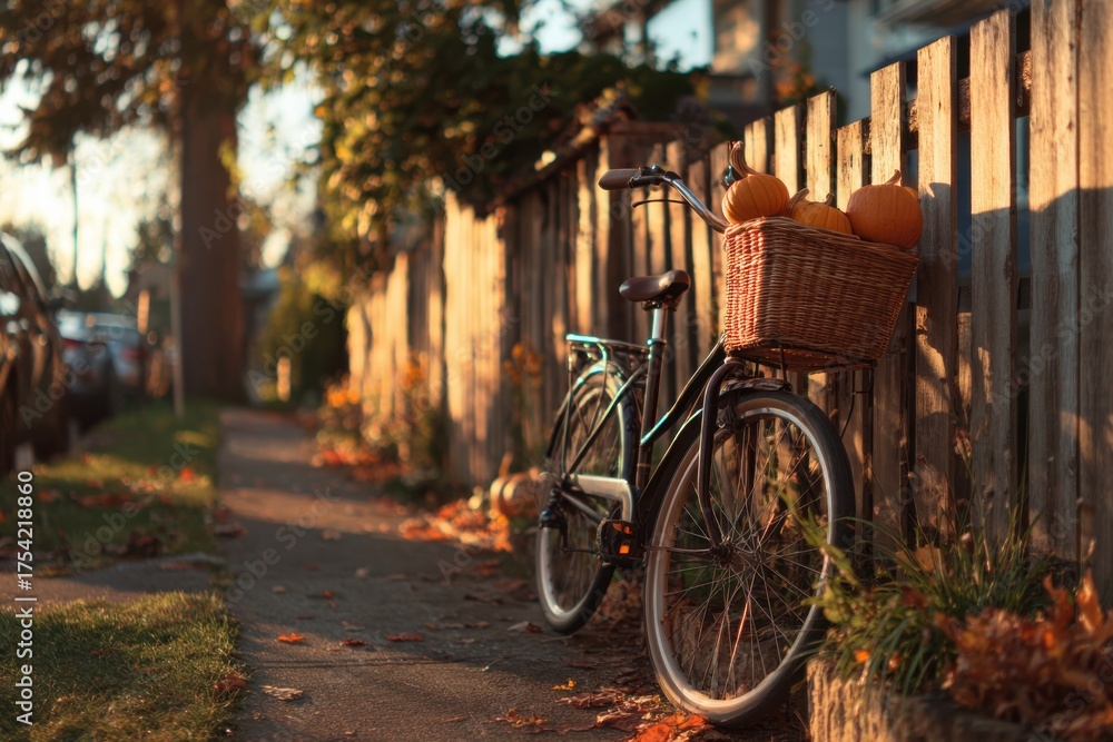 Obraz premium rustic bicycle with basket of pumpkins in autumn park countryside scene concept of lifestyle seasonal harvest decoration marketing