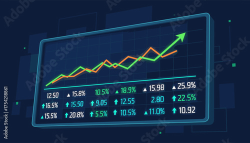 Stock market chart on a glowing digital screen. Financial investment, trading, and business concept. Economic growth graph with uptrend arrow. Forex data analysis display.