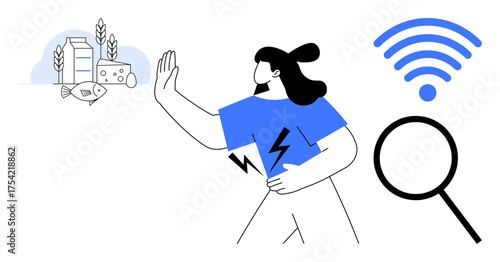 Person avoiding allergenic foods thumbs up dairy and fish, holding stomach with stress signs, alongside wireless symbol and magnifying glass. Ideal for health awareness, food allergies, technology