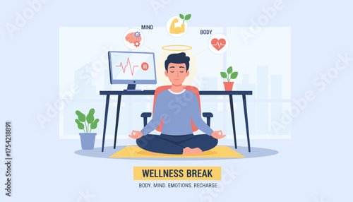 Office wellness break concept. Employee meditating for stress relief and mental health. Man practicing yoga for mindfulness and work-life balance. Body, mind, emotions recharge.
