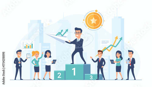 Business leader on a winner's podium celebrating success with team support. Metaphor for victory, achievement, leadership, career growth, startup launch, and project goals.