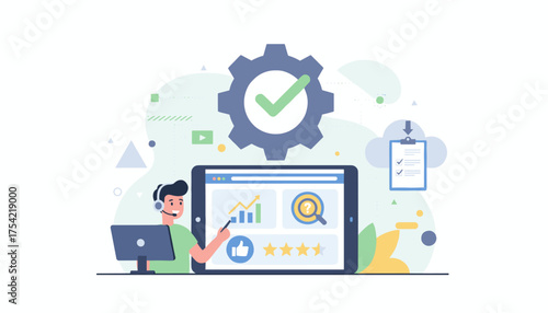 Vector illustration of quality assurance and online evaluation. Customer support agent analyzing business metrics, user feedback, star ratings, and survey data for service improvement.