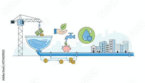 Water consumption cost and urban management infographic. Public utility pricing, infrastructure investment concept. Save water, money and environment metaphor with pipe, crane and city.