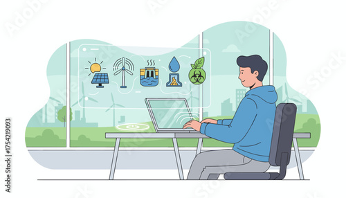 Renewable energy sources concept. Man at computer researching alternative energy. Green tech. Holographic interface with icons. Solar panel, wind turbine, hydro, biomass. Eco friendly.