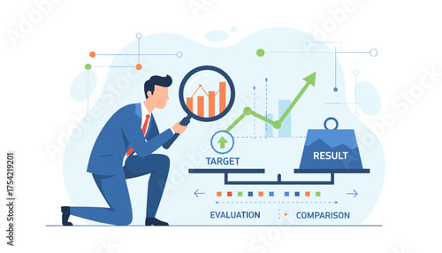 Business performance benchmark and KPI analysis. Businessman with magnifying glass evaluates data chart. Comparing target vs result on scales. Concept of evaluation, growth.