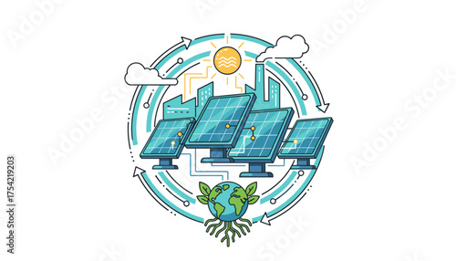 Vector concept of a renewable energy cycle. Solar panels providing green power to an eco-friendly factory. Sustainable technology for a clean planet. Alternative sun energy.