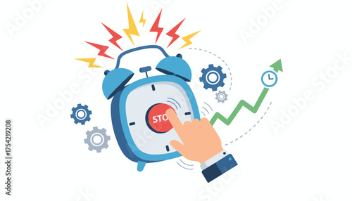 Time management concept with hand stopping ringing alarm. Business efficiency, productivity growth. Deadline control, workflow optimization, project progress chart vector.