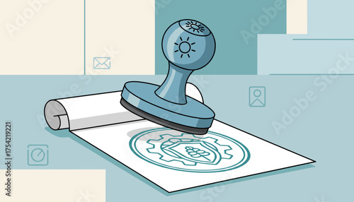 Stamp with agricultural quality seal. Food safety certification concept. Vector illustration of official approval, patent, and standard for organic farming and production.