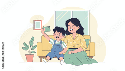 Happy Asian mother and son taking a selfie on the sofa. Loving family enjoying a moment together at home. Modern lifestyle concept with technology and parent-child bonding.